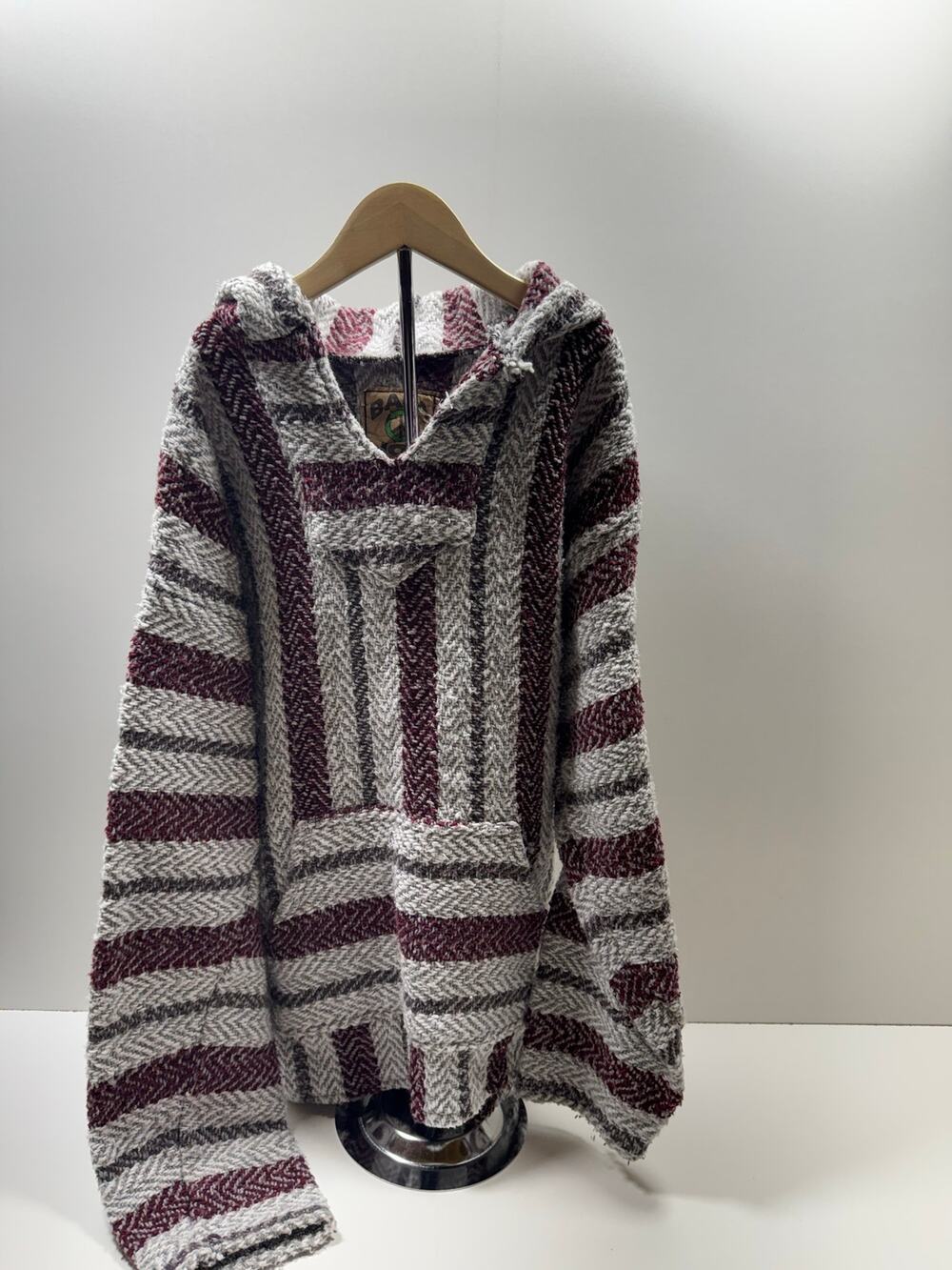 Baja Joe Striped Hoodie Men’s Sz Large Burgundy Woven Long Sleeve Mexico Poncho